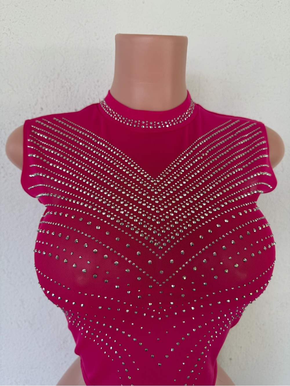 Rhinestone-Embellished Hot Pink Mock Neck Camisole - Picture 2 of 5